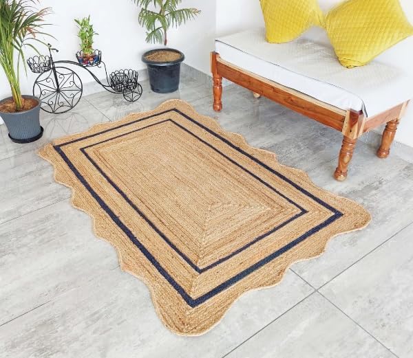 Natural Jute Area Rug with Scalloped Edges & Double Border – Handwoven Rug