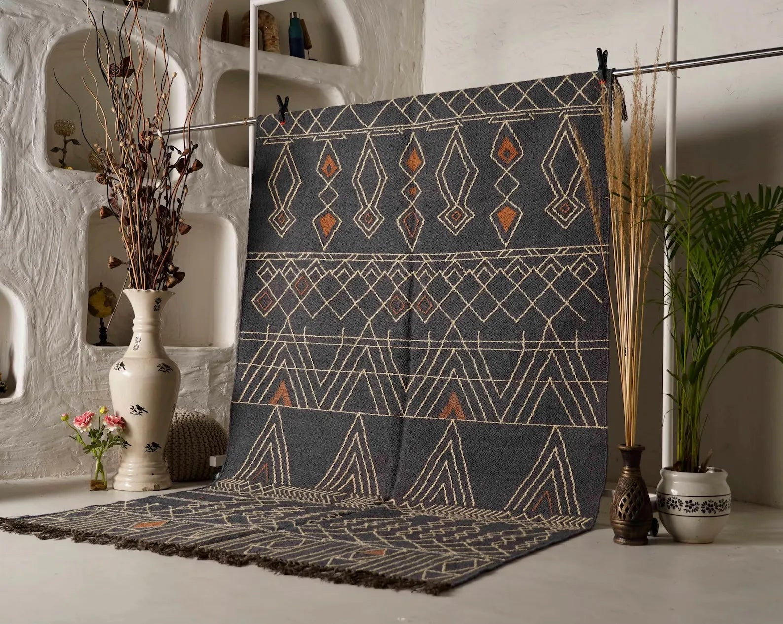 Charcoal Geometric Wool Jute Kilim Rug – Handwoven 8x10 Flatweave Area Rug
