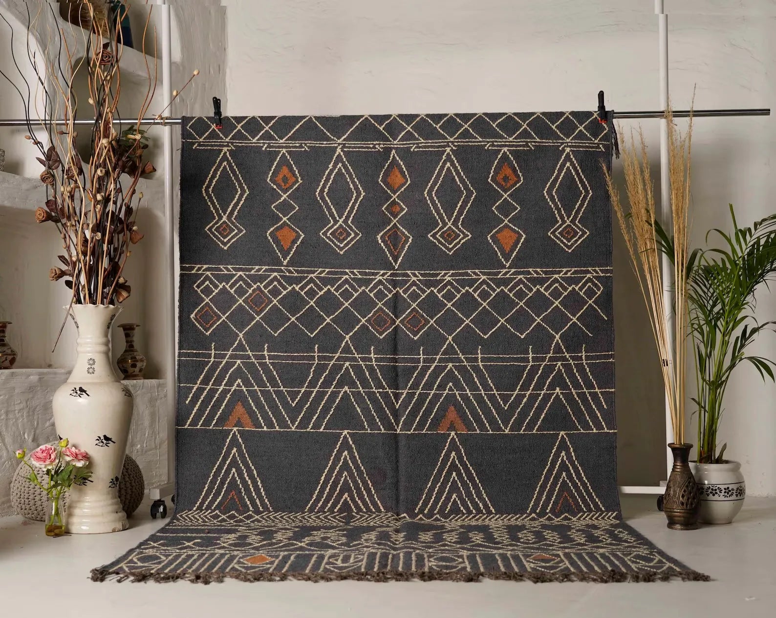 Charcoal Geometric Wool Jute Kilim Rug – Handwoven 8x10 Flatweave Area Rug