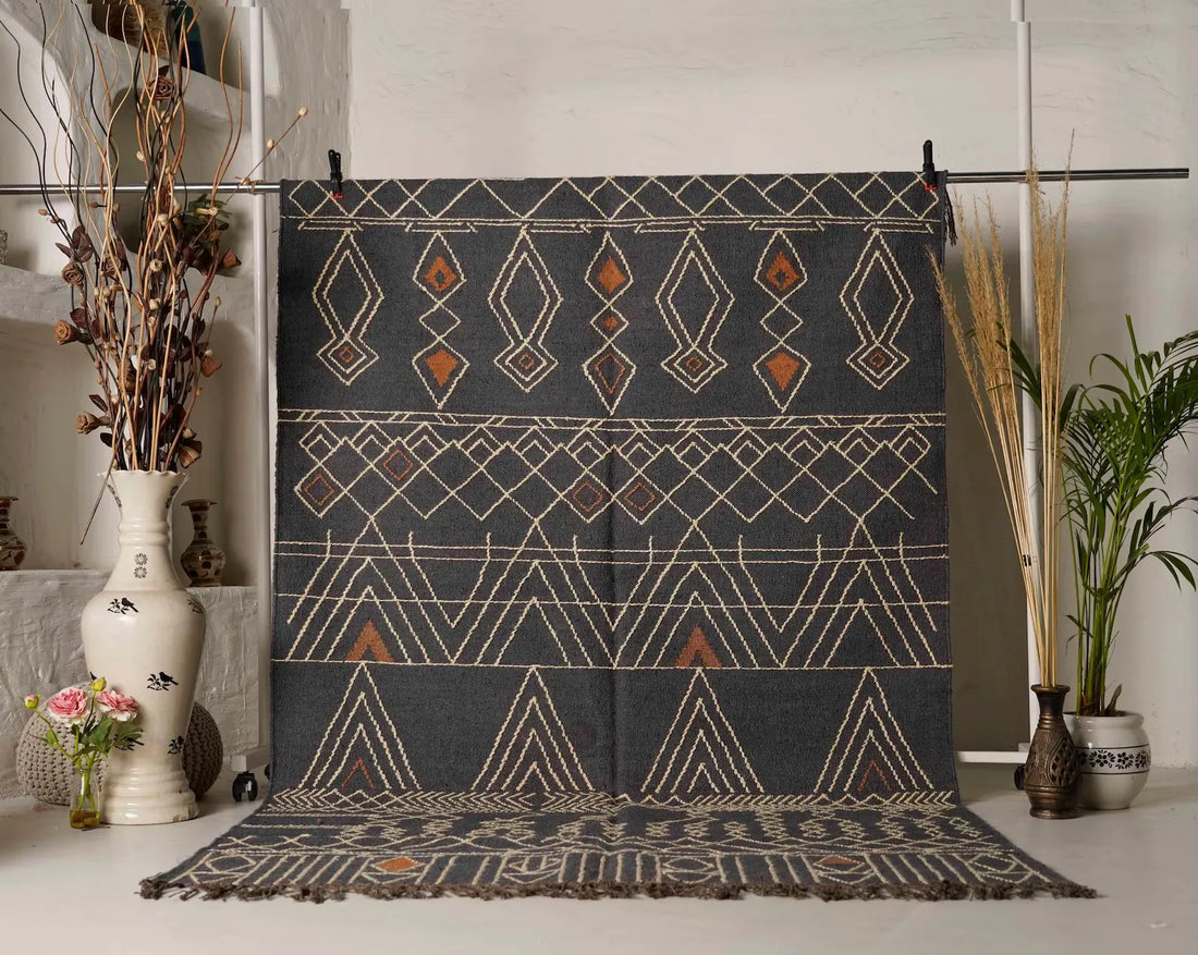 Charcoal Geometric Wool Jute Kilim Rug – Handwoven 8x10 Flatweave Area Rug