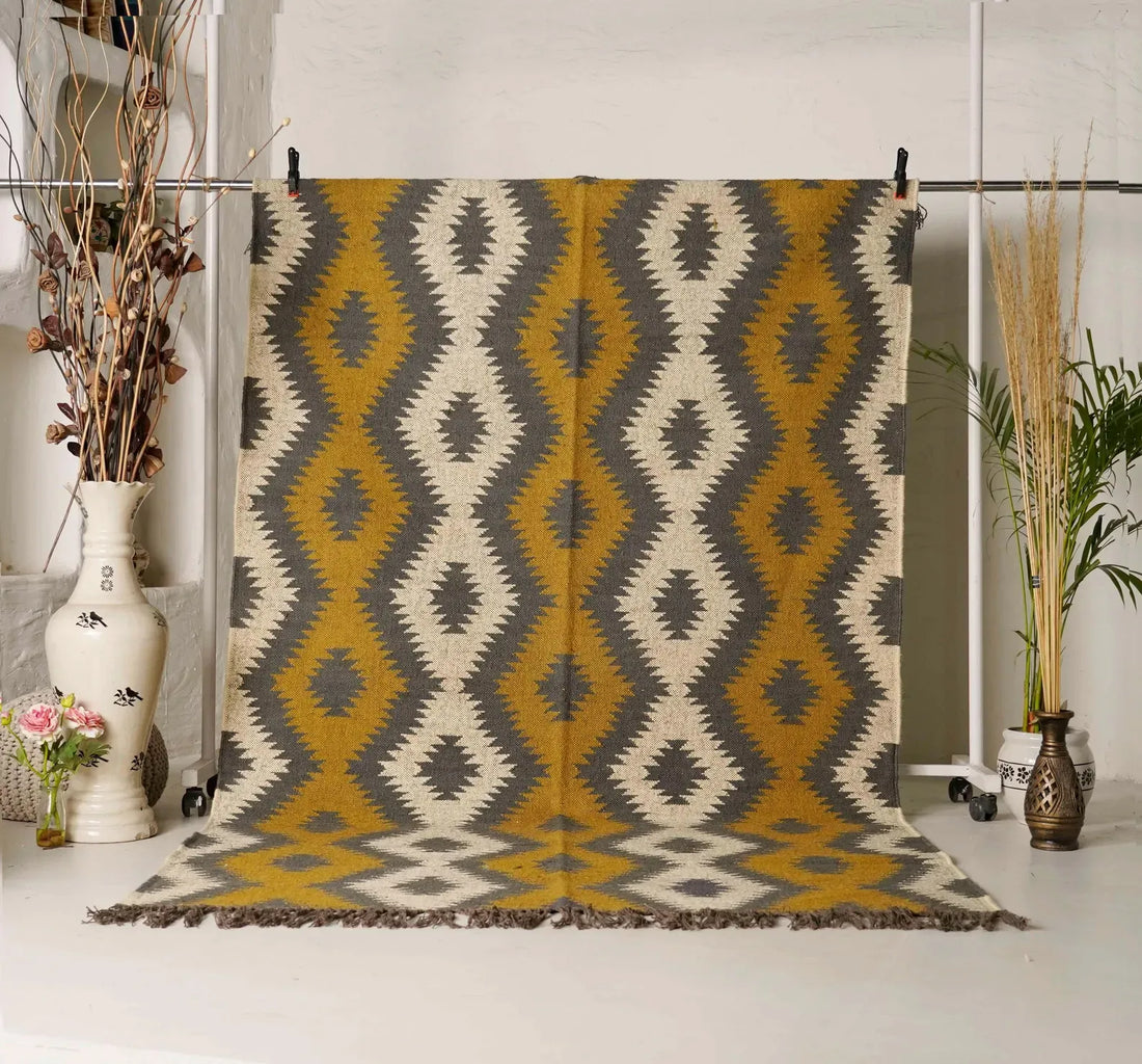 Mustard Yellow Geometric Kilim Rug – Handwoven Wool Jute 9x12 Area Rug