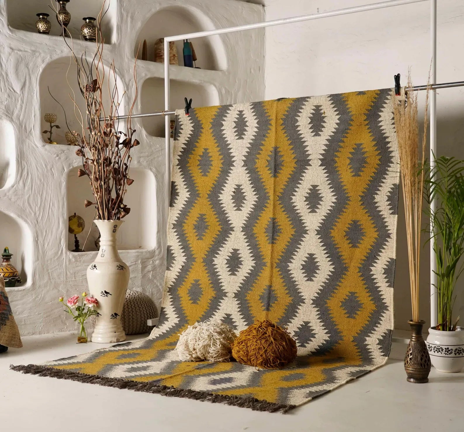 Mustard Yellow Geometric Kilim Rug – Handwoven Wool Jute 9x12 Area Rug