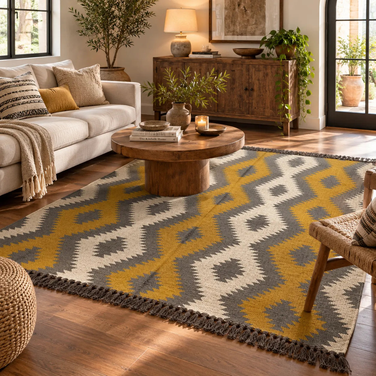 Mustard Yellow Geometric Kilim Rug – Handwoven Wool Jute 9x12 Area Rug
