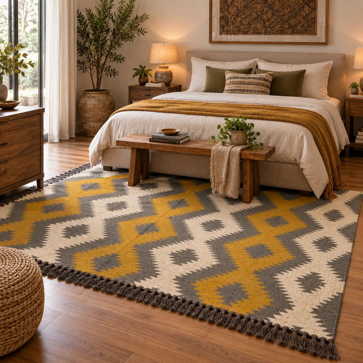Mustard Yellow Geometric Kilim Rug – Handwoven Wool Jute 9x12 Area Rug