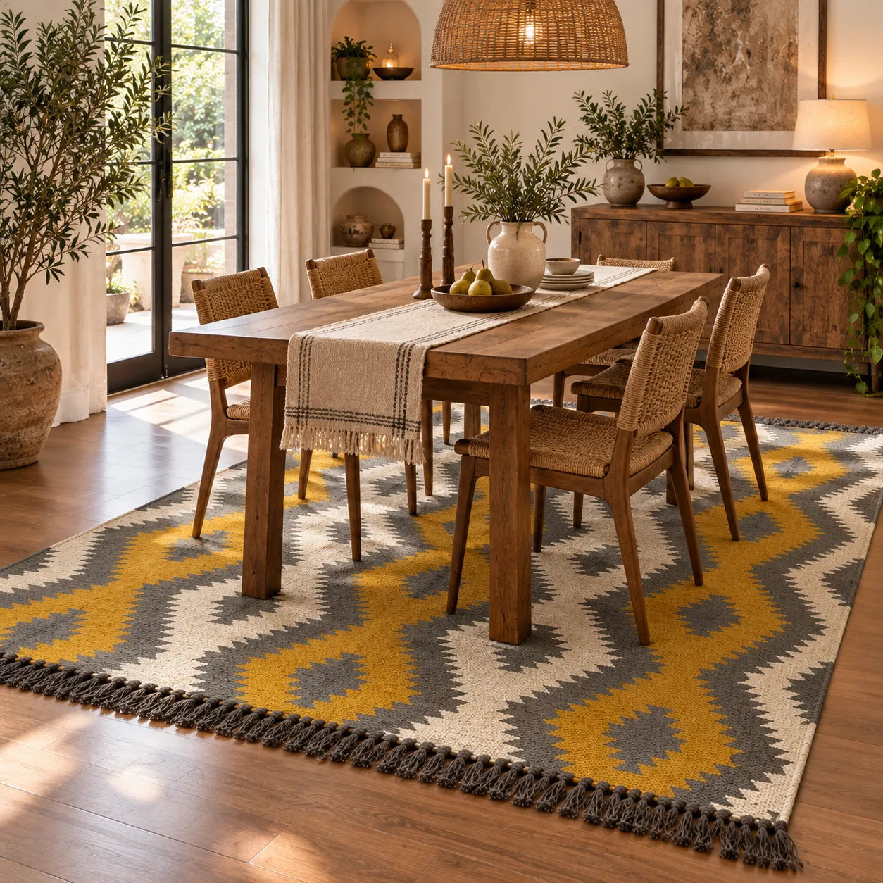 Mustard Yellow Geometric Kilim Rug – Handwoven Wool Jute 9x12 Area Rug