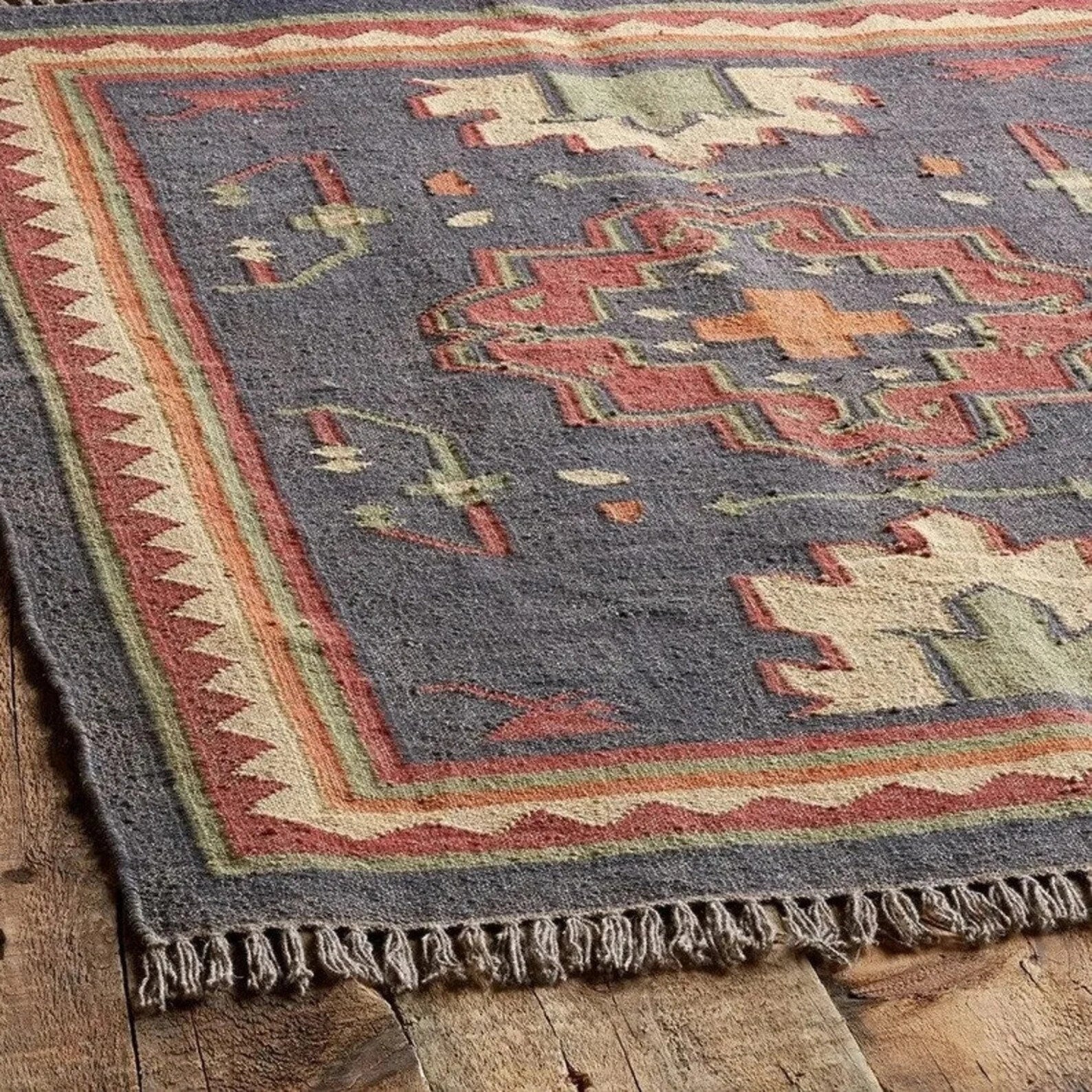 Handwoven Blue Kilim Rug – Wool & Jute Tribal Area Rug with Geometric Medallion, Rustic Flatweave Dhurrie