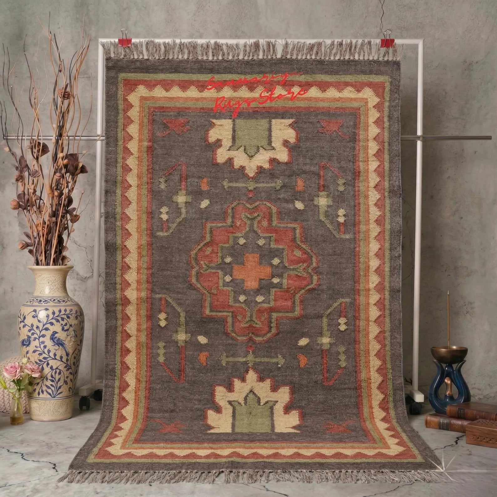 Handwoven Blue Kilim Rug – Wool & Jute Tribal Area Rug with Geometric Medallion, Rustic Flatweave Dhurrie