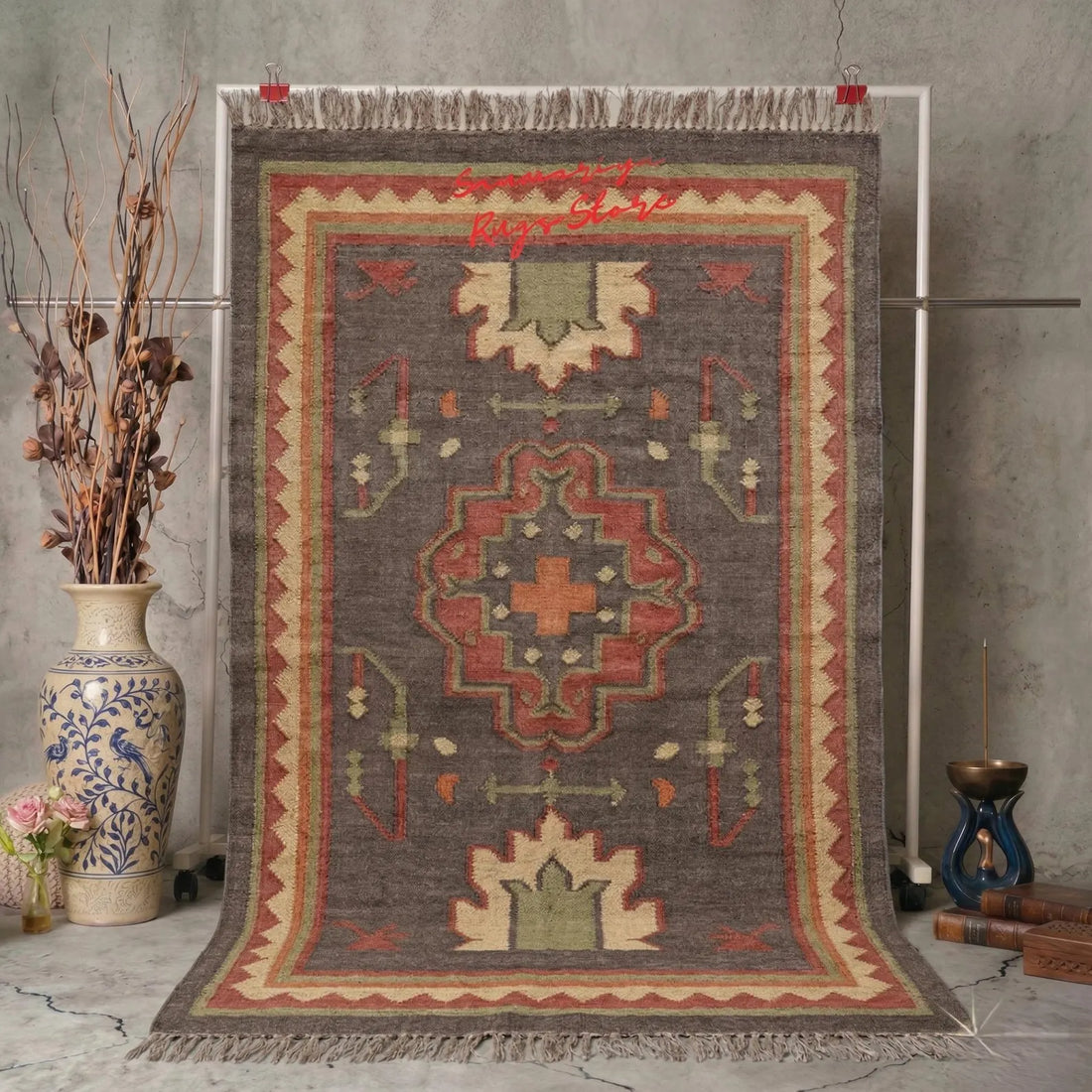 Handwoven Blue Kilim Rug – Wool & Jute Tribal Area Rug with Geometric Medallion, Rustic Flatweave Dhurrie