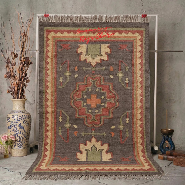Handwoven Blue Kilim Rug – Wool & Jute Tribal Area Rug with Geometric Medallion, Rustic Flatweave Dhurrie