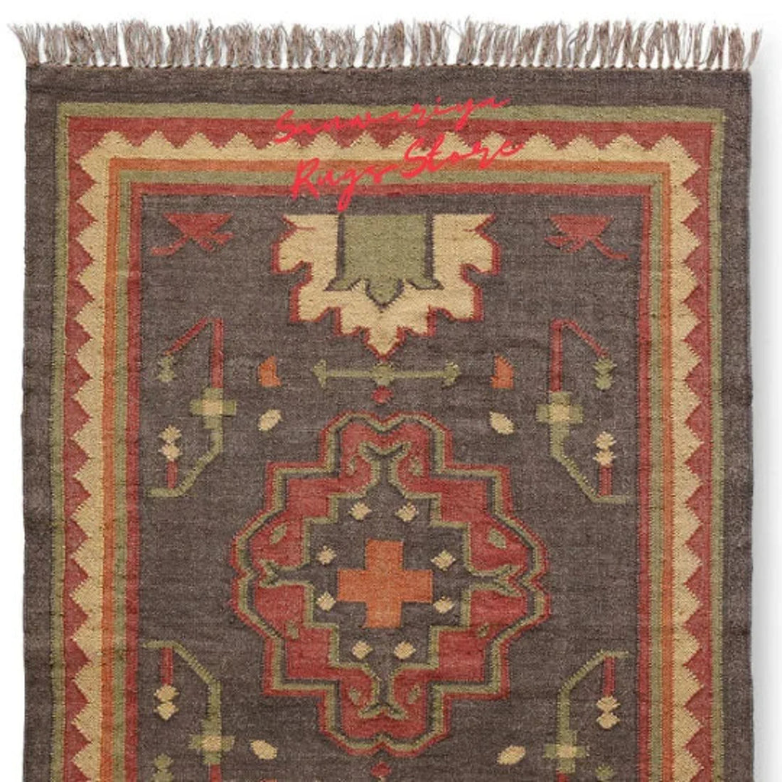 Handwoven Blue Kilim Rug – Wool & Jute Tribal Area Rug with Geometric Medallion, Rustic Flatweave Dhurrie