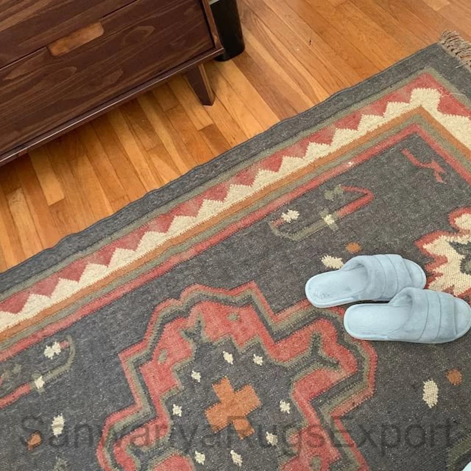 Handwoven Blue Kilim Rug – Wool & Jute Tribal Area Rug with Geometric Medallion, Rustic Flatweave Dhurrie
