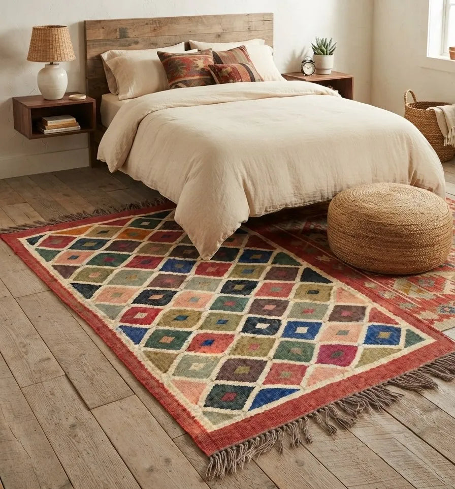 Handwoven Multicolor Kilim Rug – Geometric Wool Jute Area Carpet with Fringe