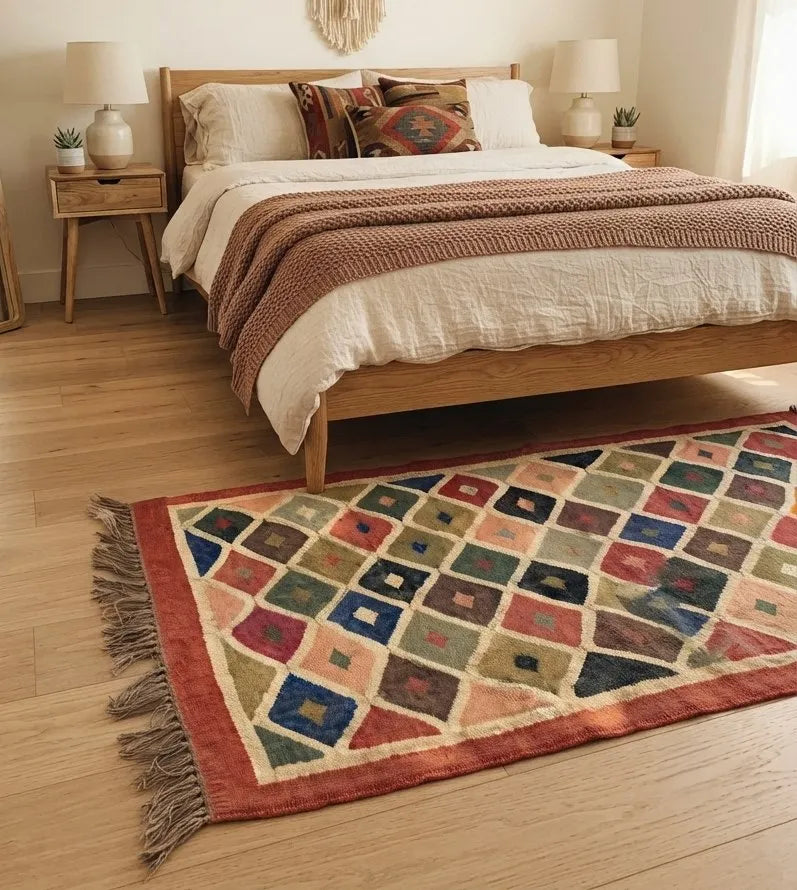 Handwoven Multicolor Kilim Rug – Geometric Wool Jute Area Carpet with Fringe