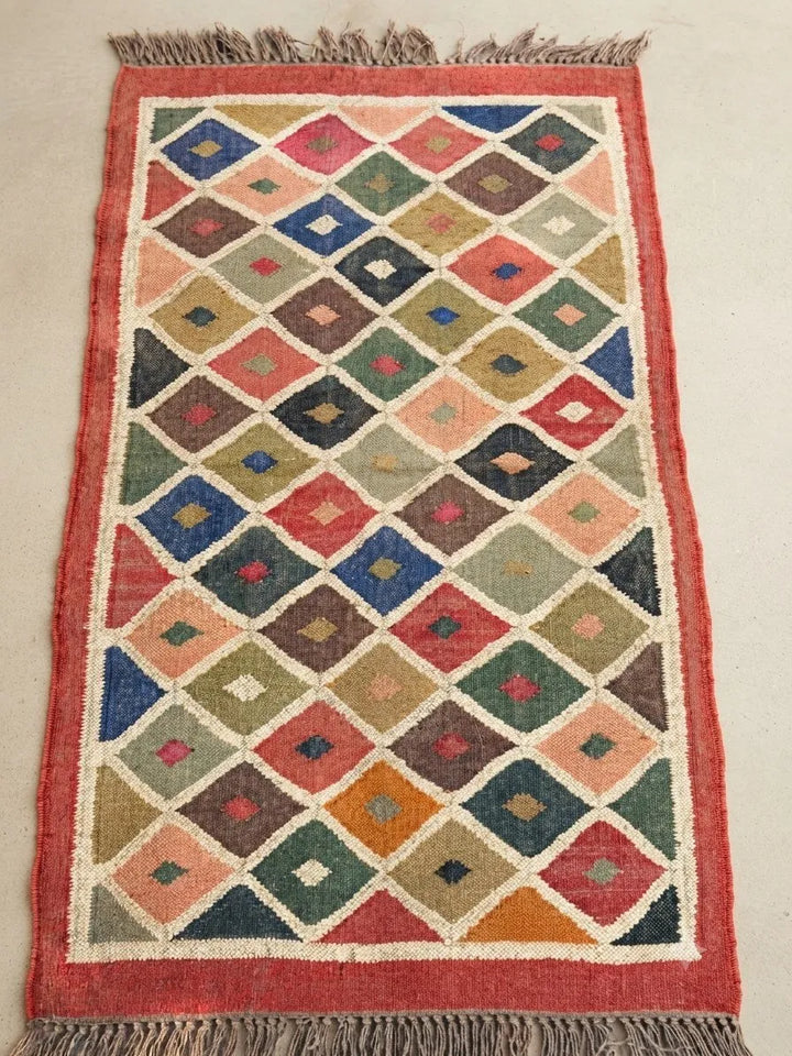 Handwoven Multicolor Kilim Rug – Geometric Wool Jute Area Carpet with Fringe