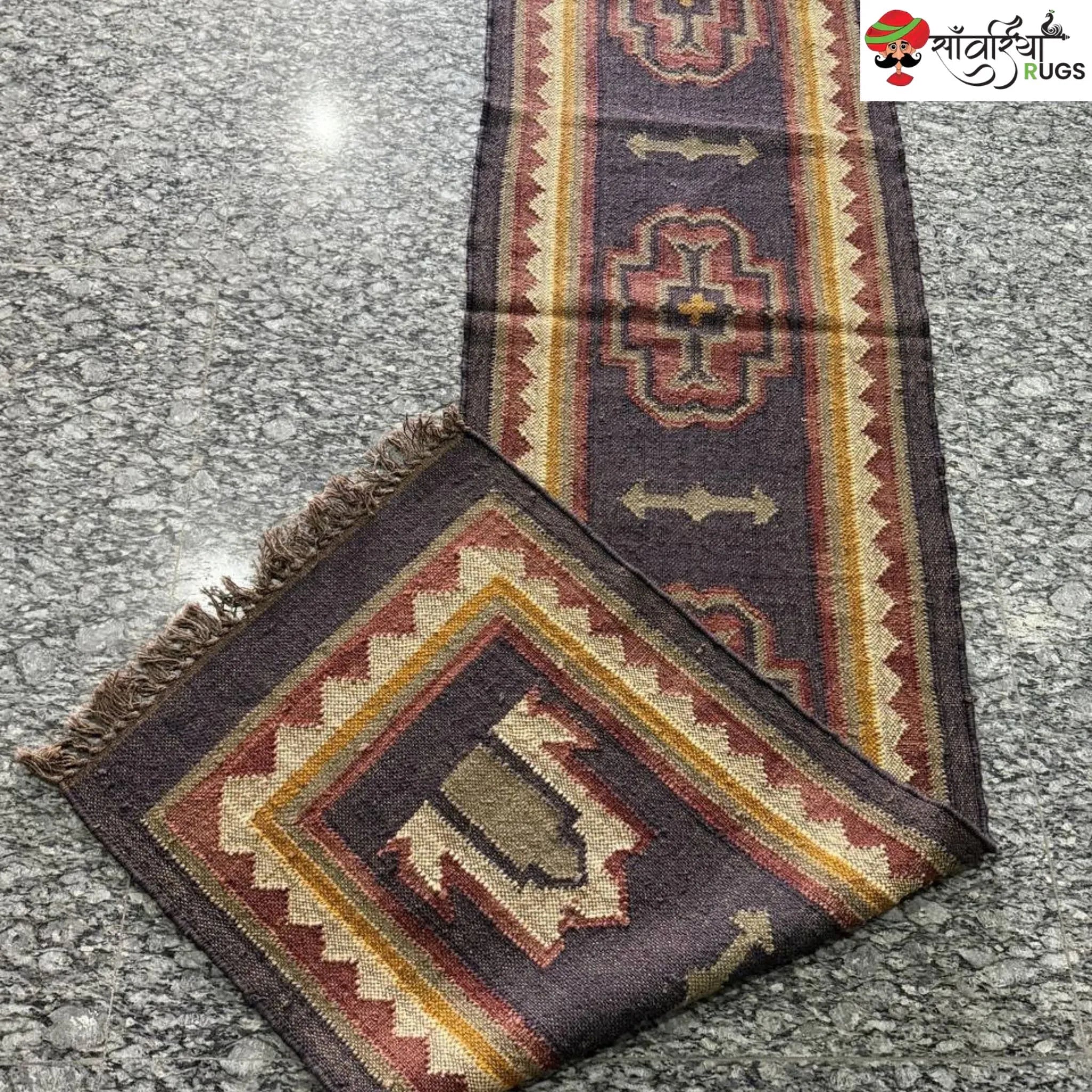 Handmade kilim runner rug with wool and jute bohemian design
