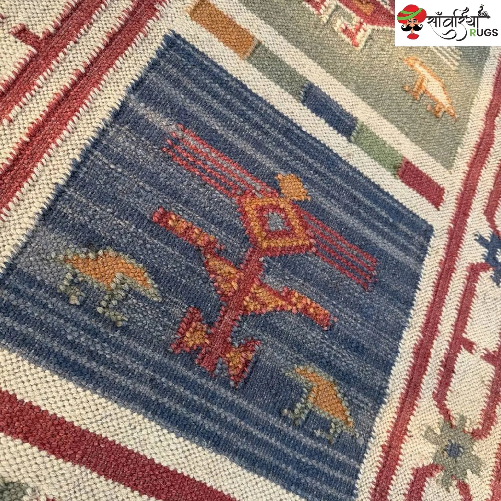 Handwoven kilim runner rug with geometric and animal motifs