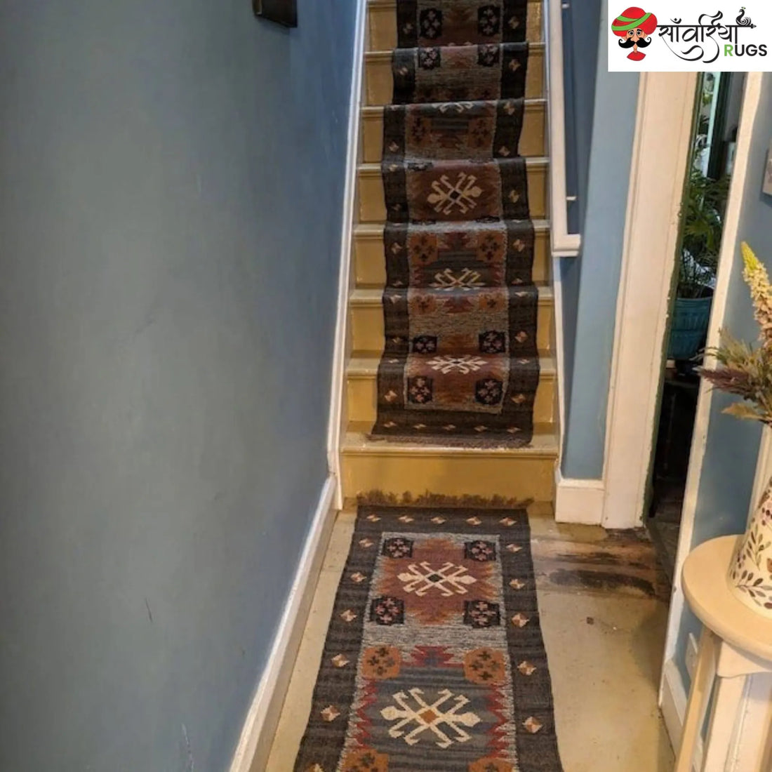 Handwoven kilim runner rug made with wool and jute