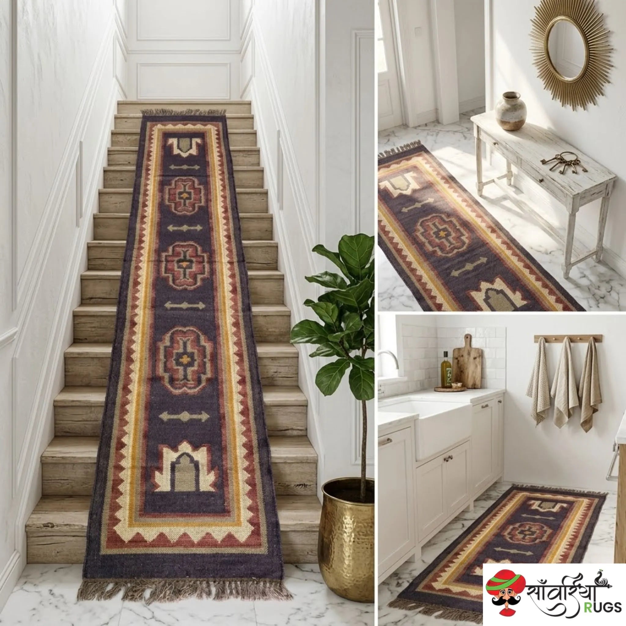 Handmade kilim runner rug with wool and jute bohemian design