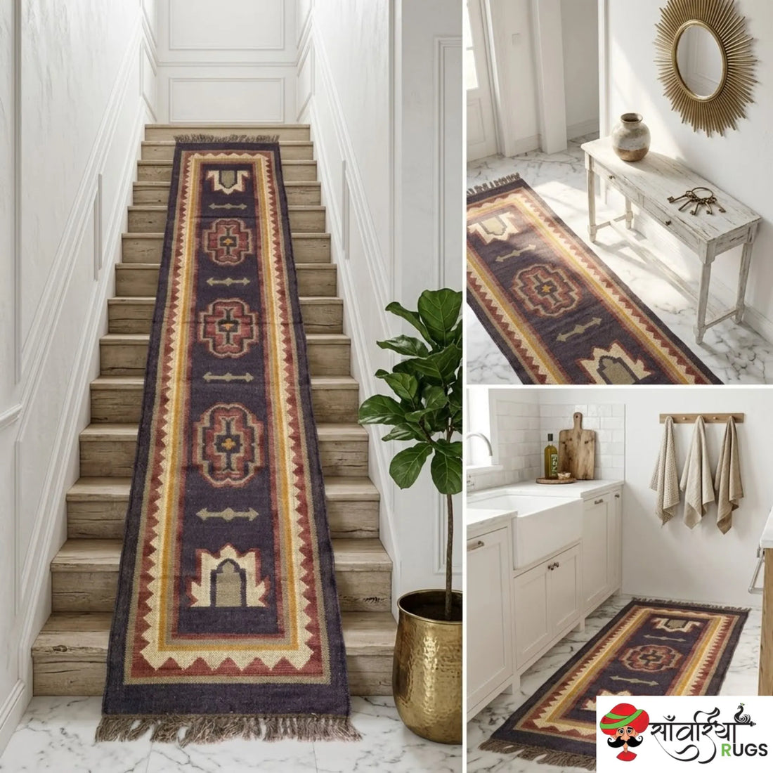 Handmade kilim runner rug with wool and jute bohemian design