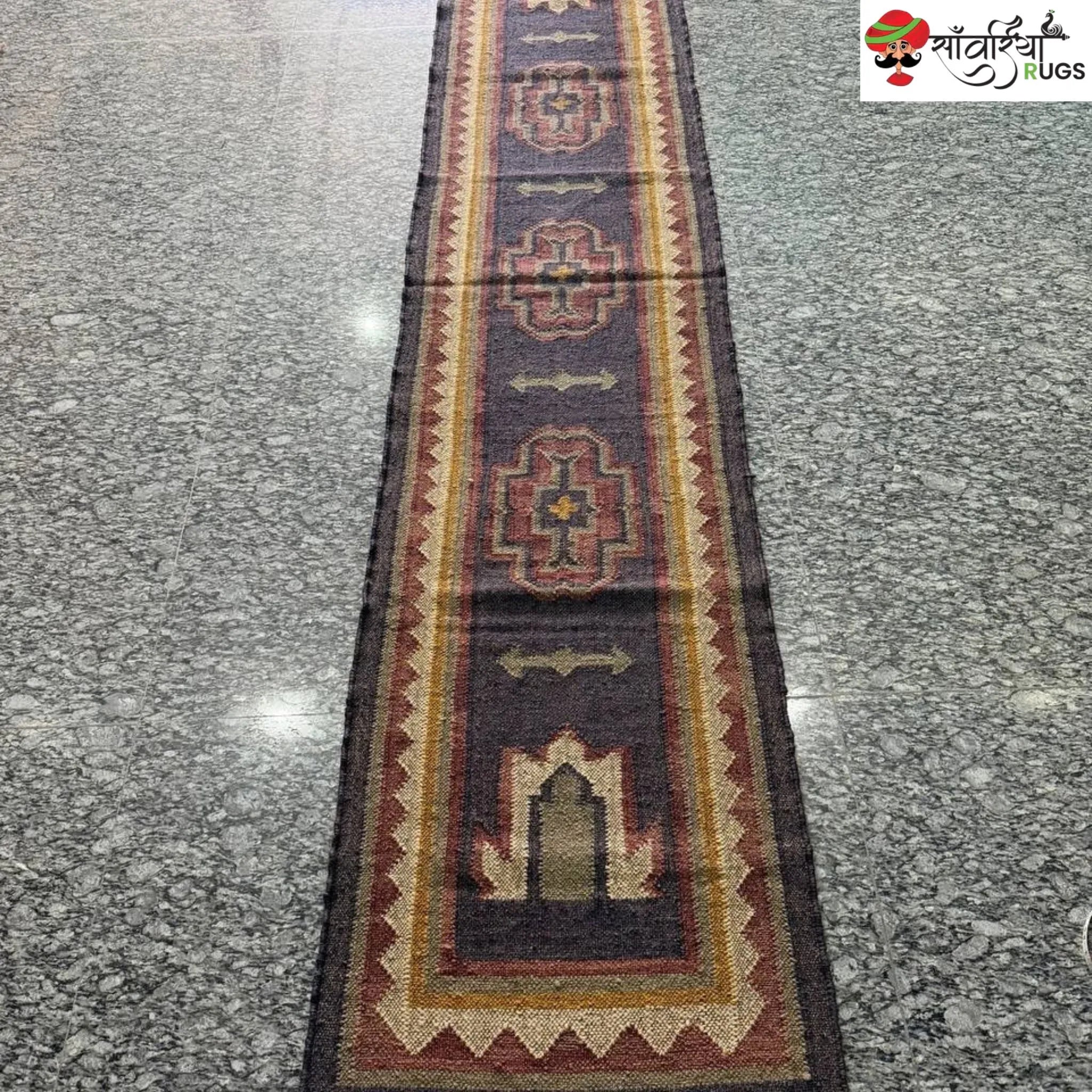 Handmade kilim runner rug with wool and jute bohemian design