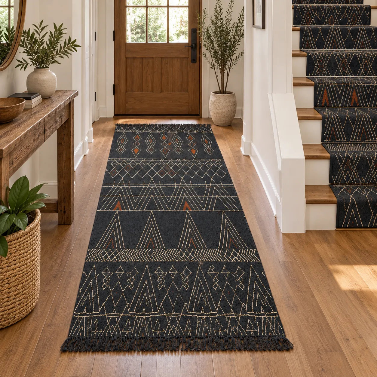 Charcoal Geometric Kilim Runner Rug – Handwoven Wool Jute Hallway & Stair Runner