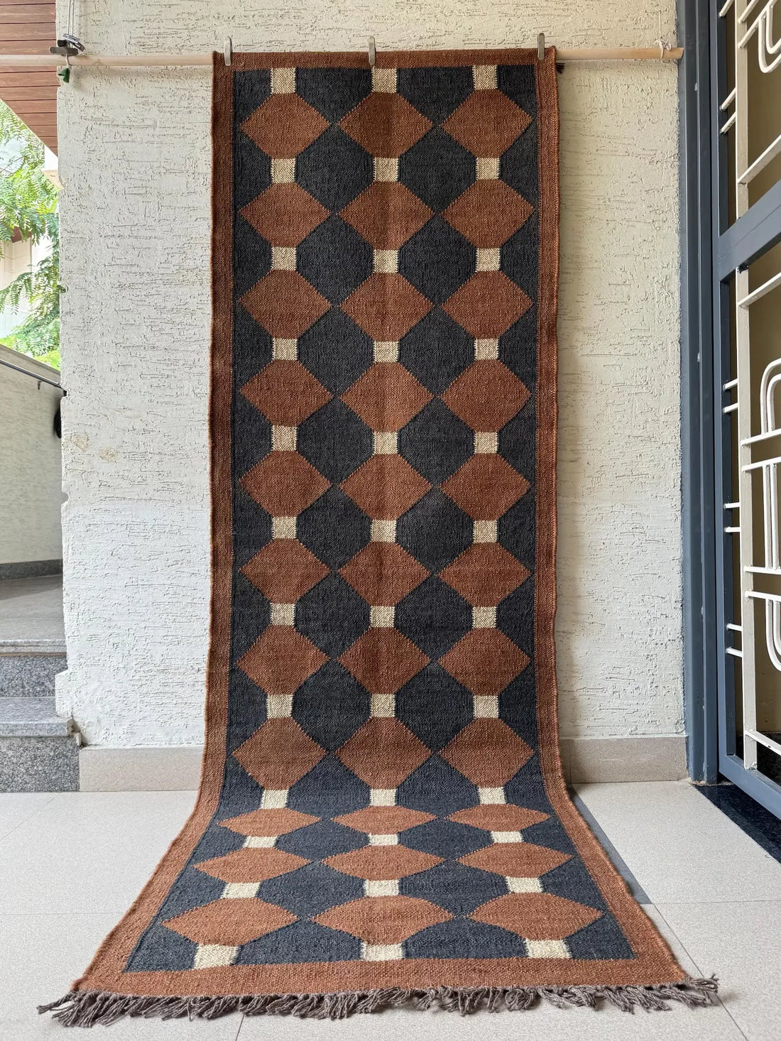 Rust Brown Geometric Kilim Runner Rug – Handwoven Wool Jute Hallway & Stair Runner, Custom Sizes