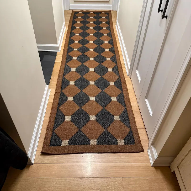 Rust Brown Geometric Kilim Runner Rug – Handwoven Wool Jute Hallway & Stair Runner, Custom Sizes