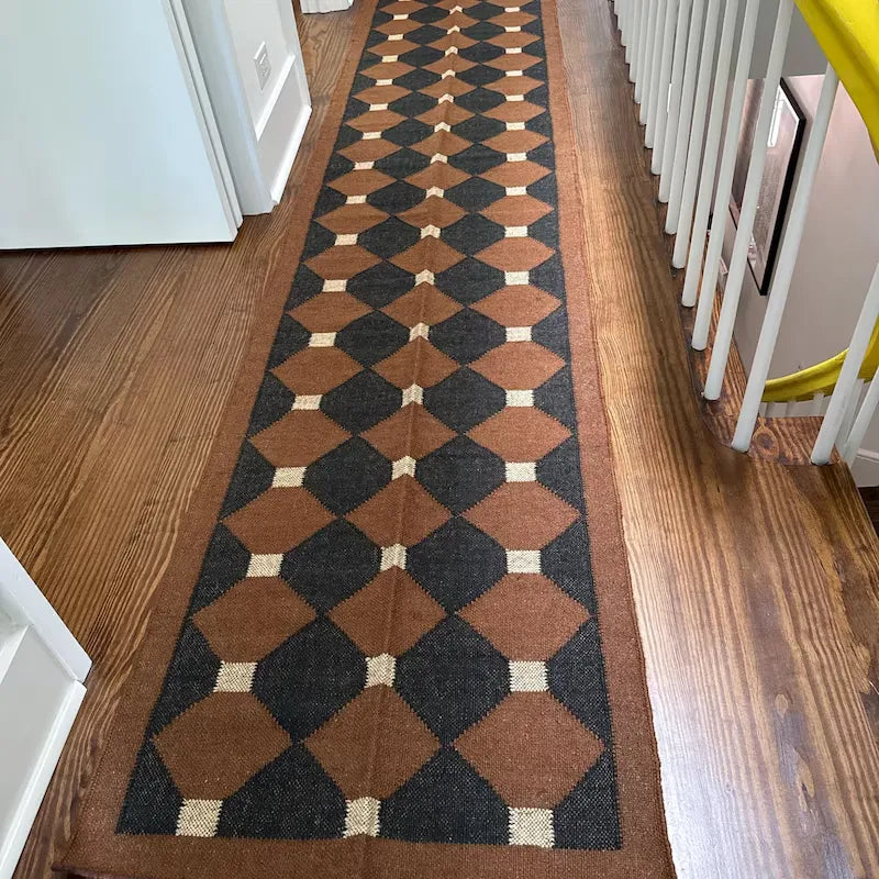 Rust Brown Geometric Kilim Runner Rug – Handwoven Wool Jute Hallway & Stair Runner, Custom Sizes