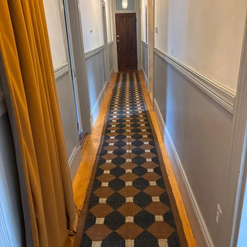 Rust Brown Geometric Kilim Runner Rug – Handwoven Wool Jute Hallway & Stair Runner, Custom Sizes