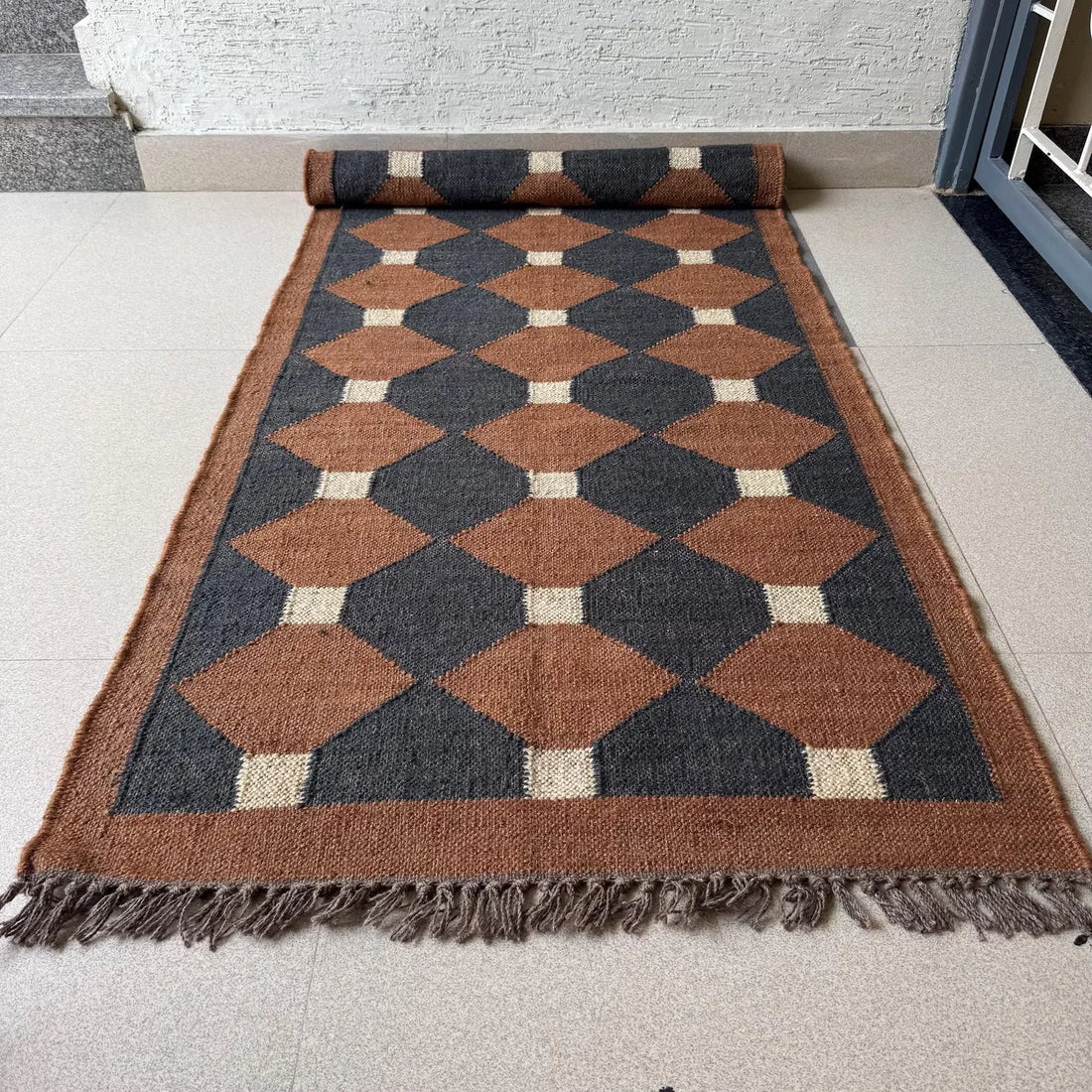 Rust Brown Geometric Kilim Runner Rug – Handwoven Wool Jute Hallway & Stair Runner, Custom Sizes
