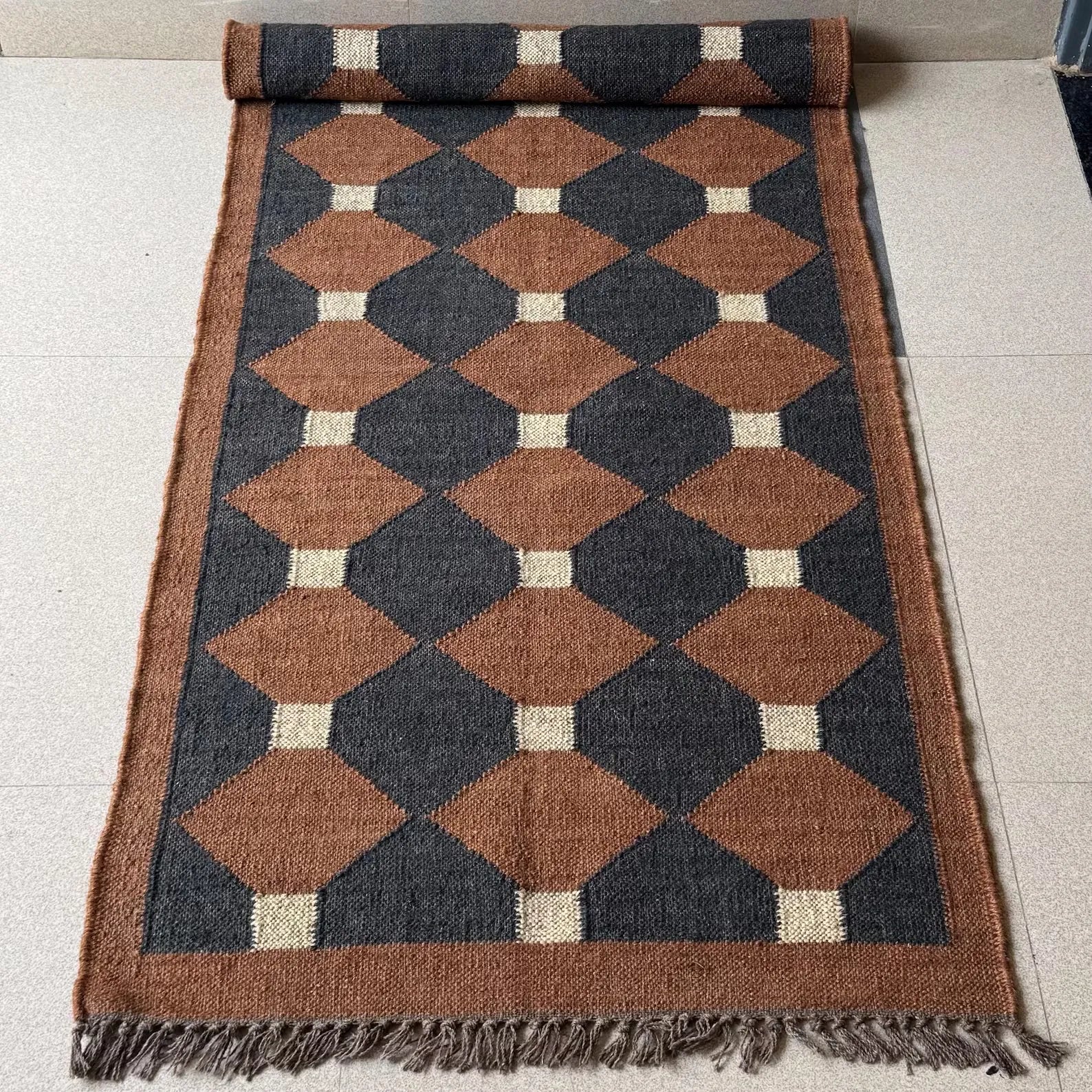 Rust Brown Geometric Kilim Runner Rug – Handwoven Wool Jute Hallway & Stair Runner, Custom Sizes