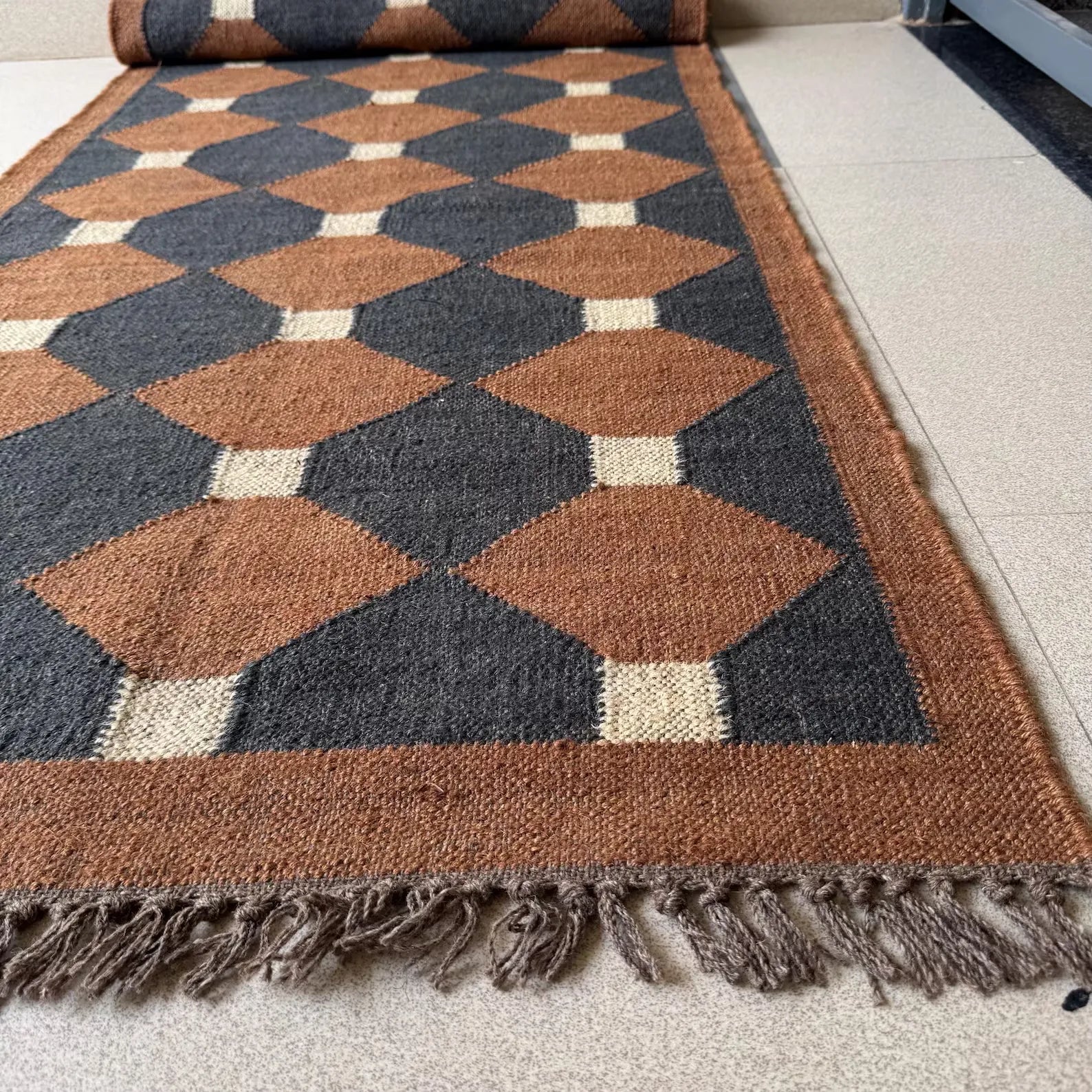 Rust Brown Geometric Kilim Runner Rug – Handwoven Wool Jute Hallway & Stair Runner, Custom Sizes