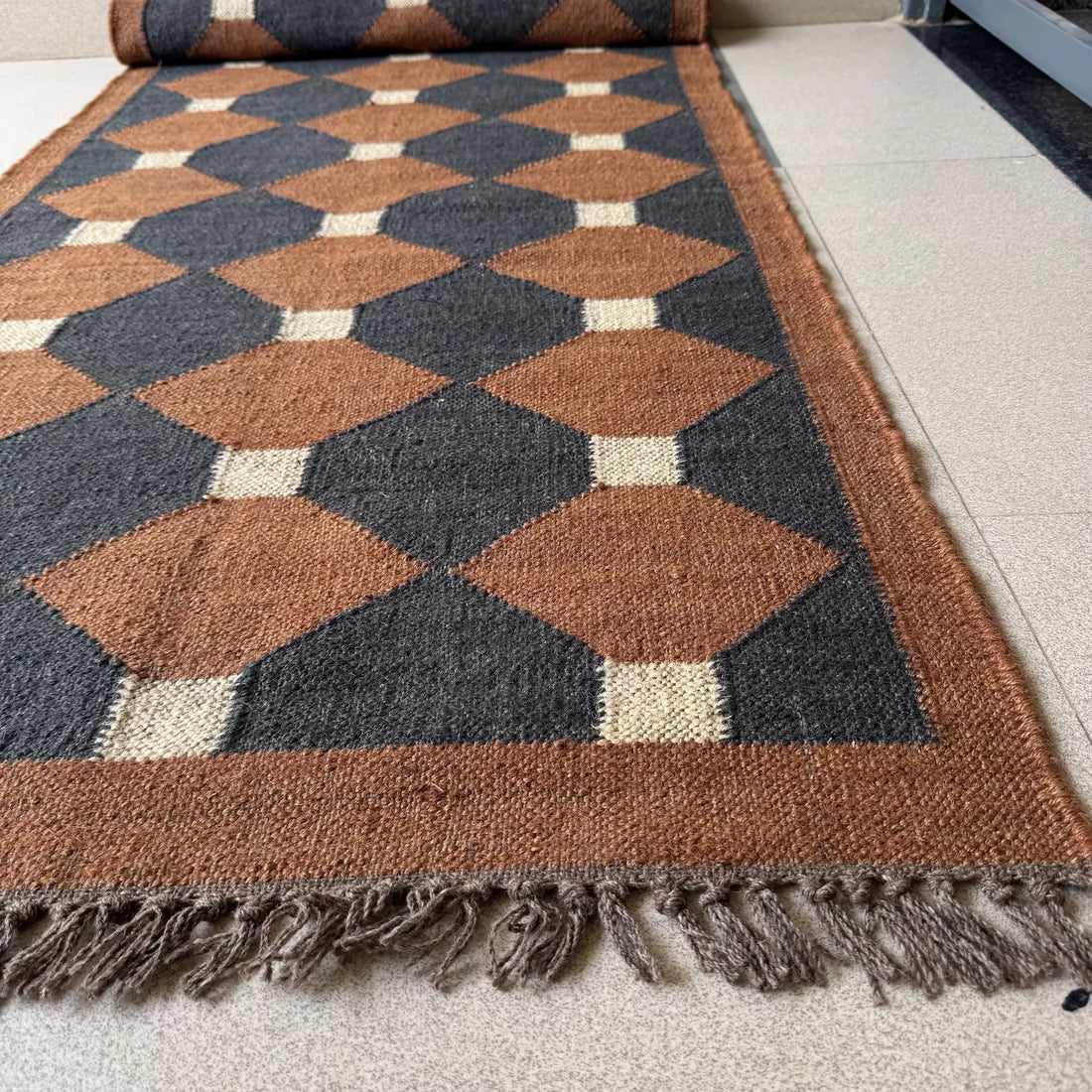 Rust Brown Geometric Kilim Runner Rug – Handwoven Wool Jute Hallway & Stair Runner, Custom Sizes