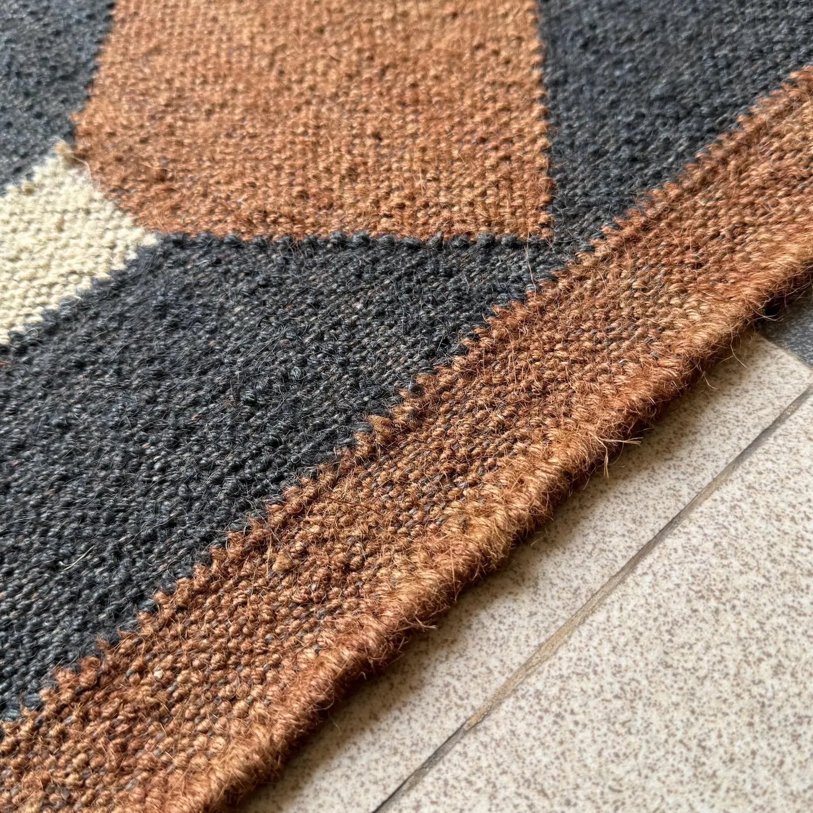 Rust Brown Geometric Kilim Runner Rug – Handwoven Wool Jute Hallway & Stair Runner, Custom Sizes