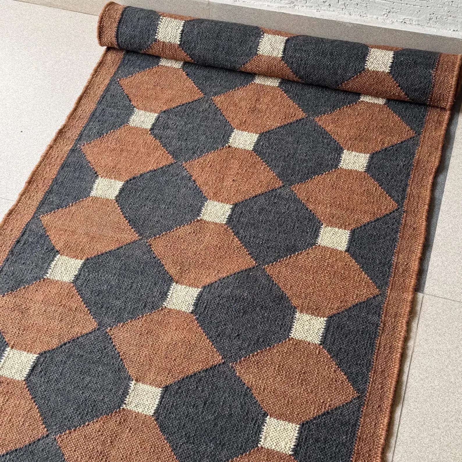 Rust Brown Geometric Kilim Runner Rug – Handwoven Wool Jute Hallway & Stair Runner, Custom Sizes