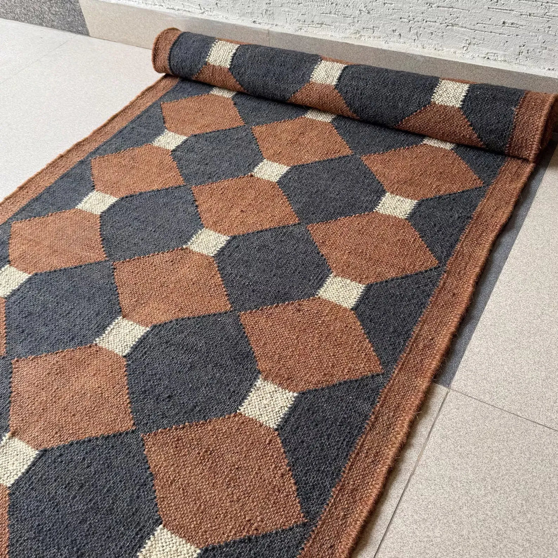 Rust Brown Geometric Kilim Runner Rug – Handwoven Wool Jute Hallway & Stair Runner, Custom Sizes