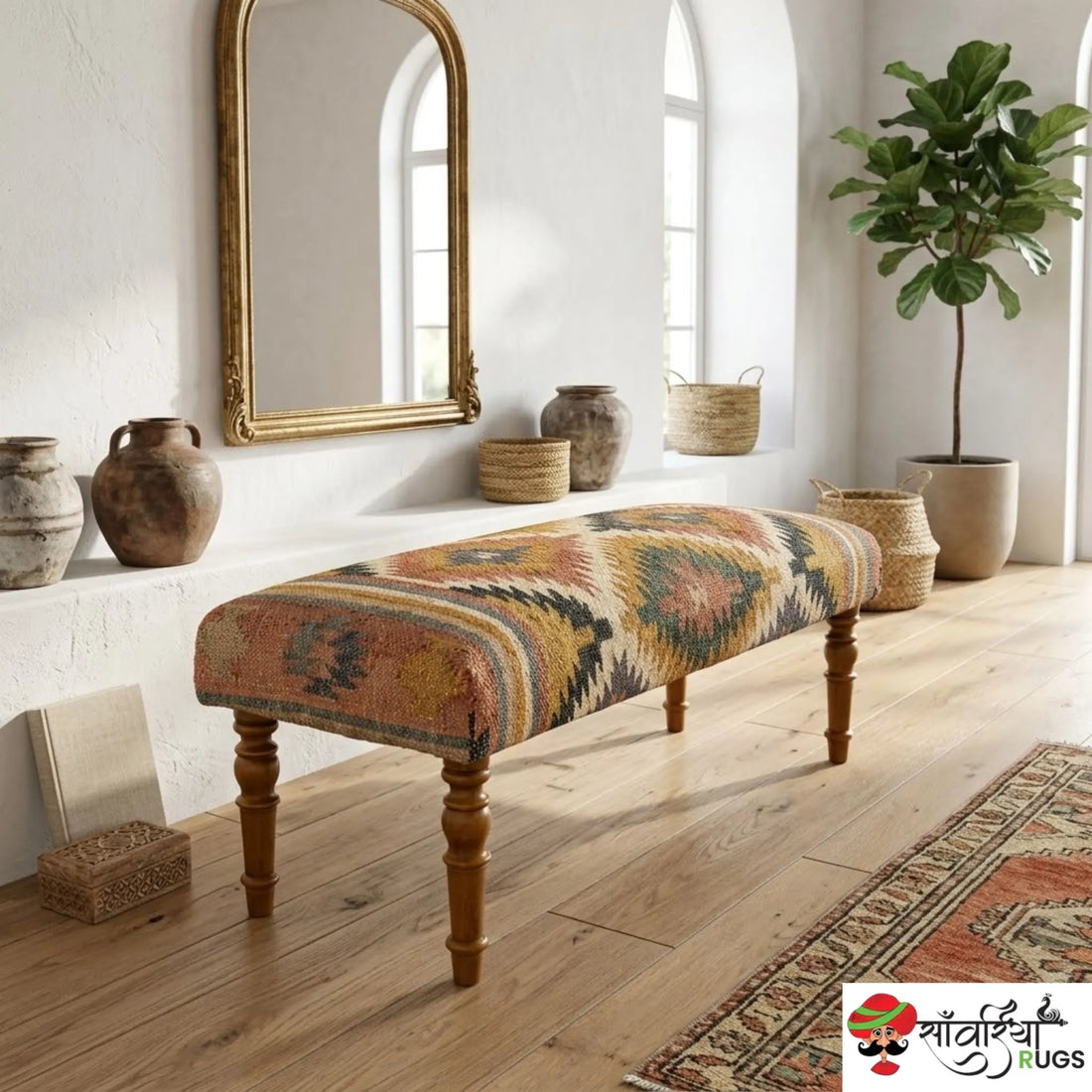 Handmade kilim bench with wool and jute upholstery