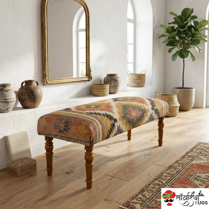 Handmade kilim bench with wool and jute upholstery