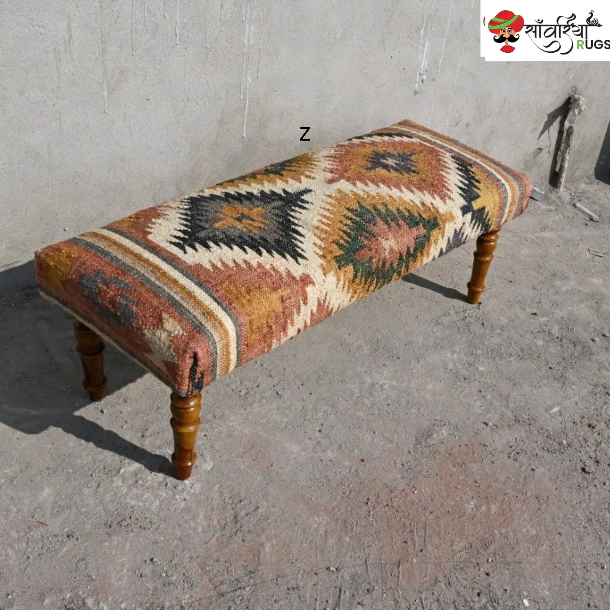 Handmade kilim bench with wool and jute upholstery
