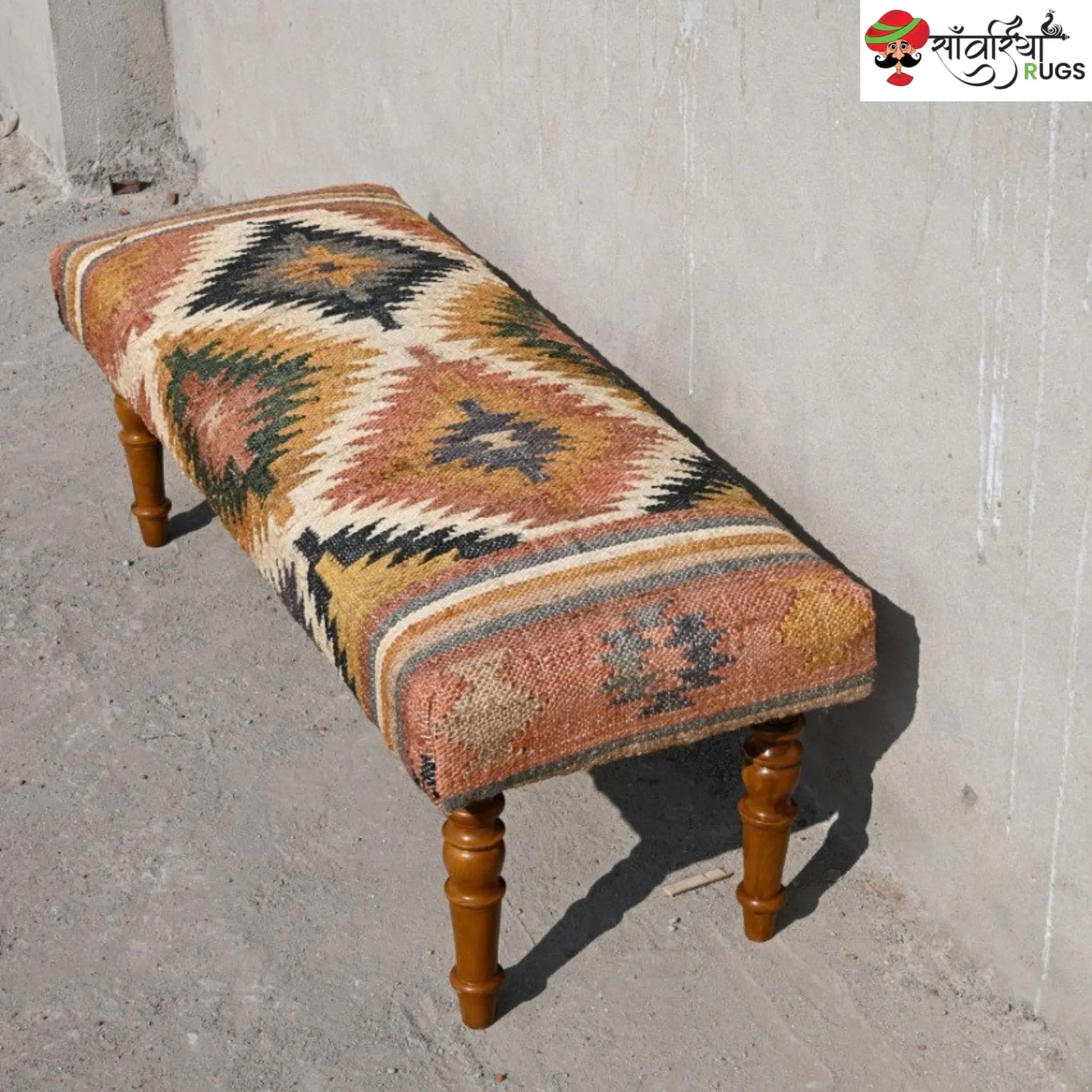Handmade kilim bench with wool and jute upholstery