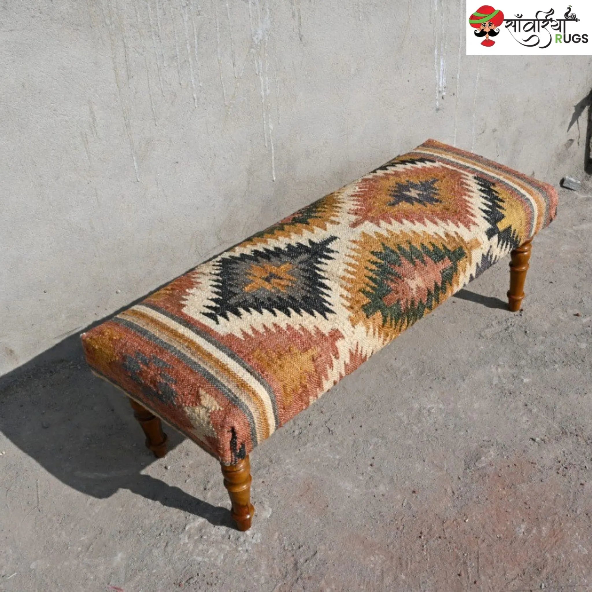 Handmade kilim bench with wool and jute upholstery