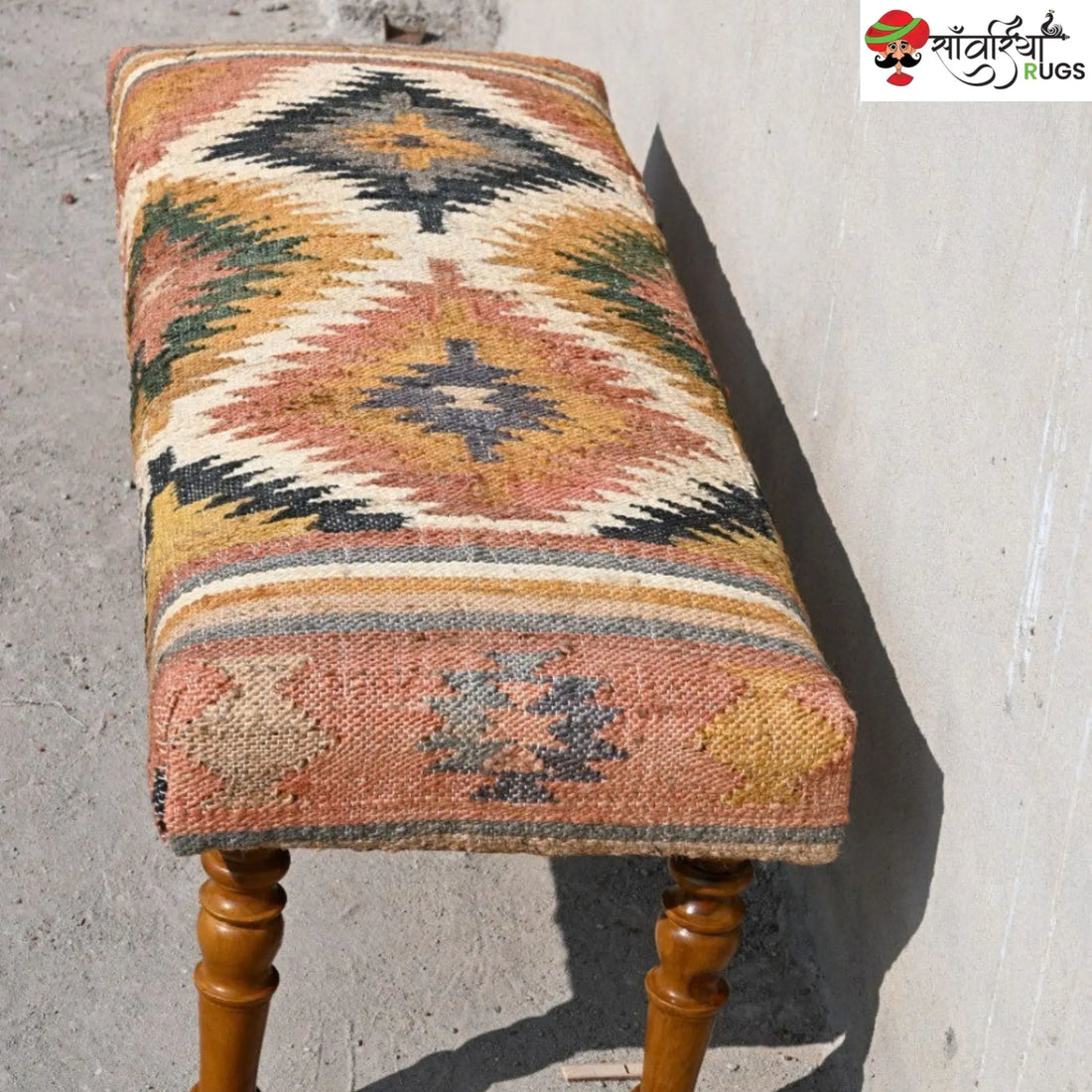 Handmade kilim bench with wool and jute upholstery
