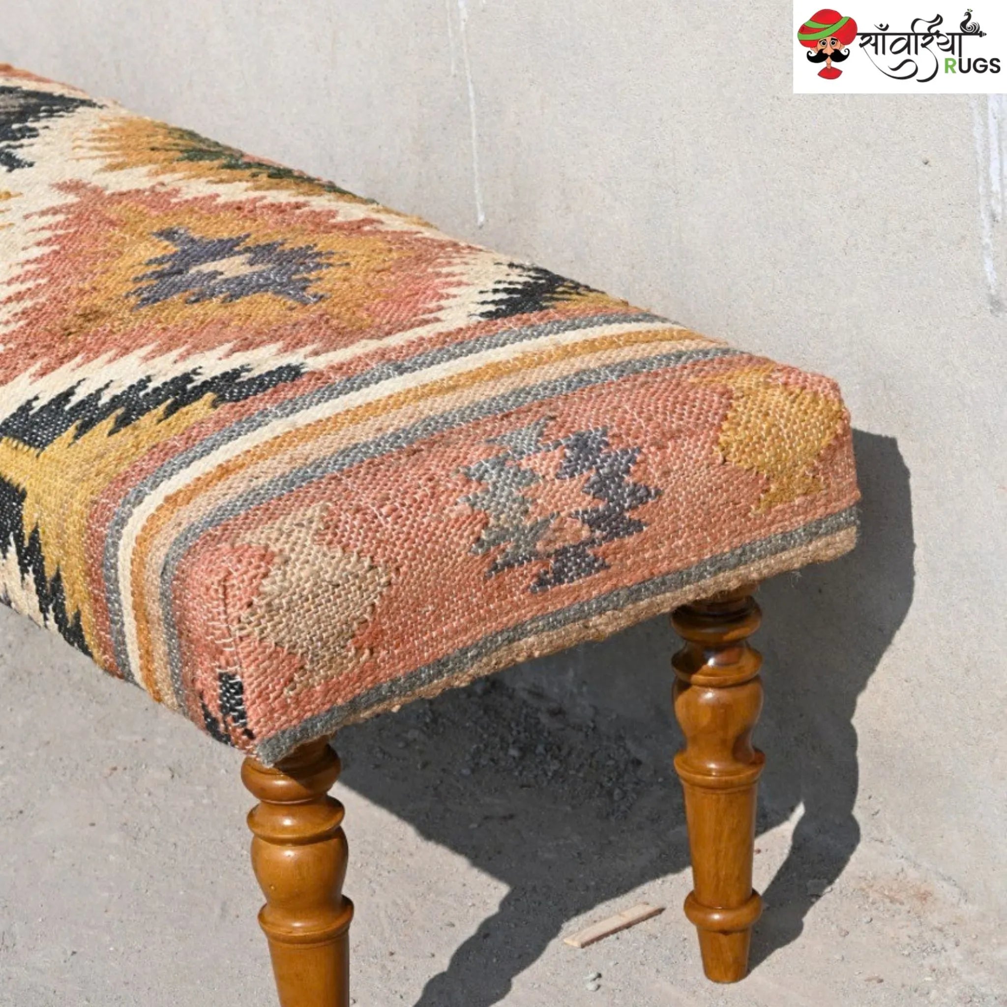 Handmade kilim bench with wool and jute upholstery