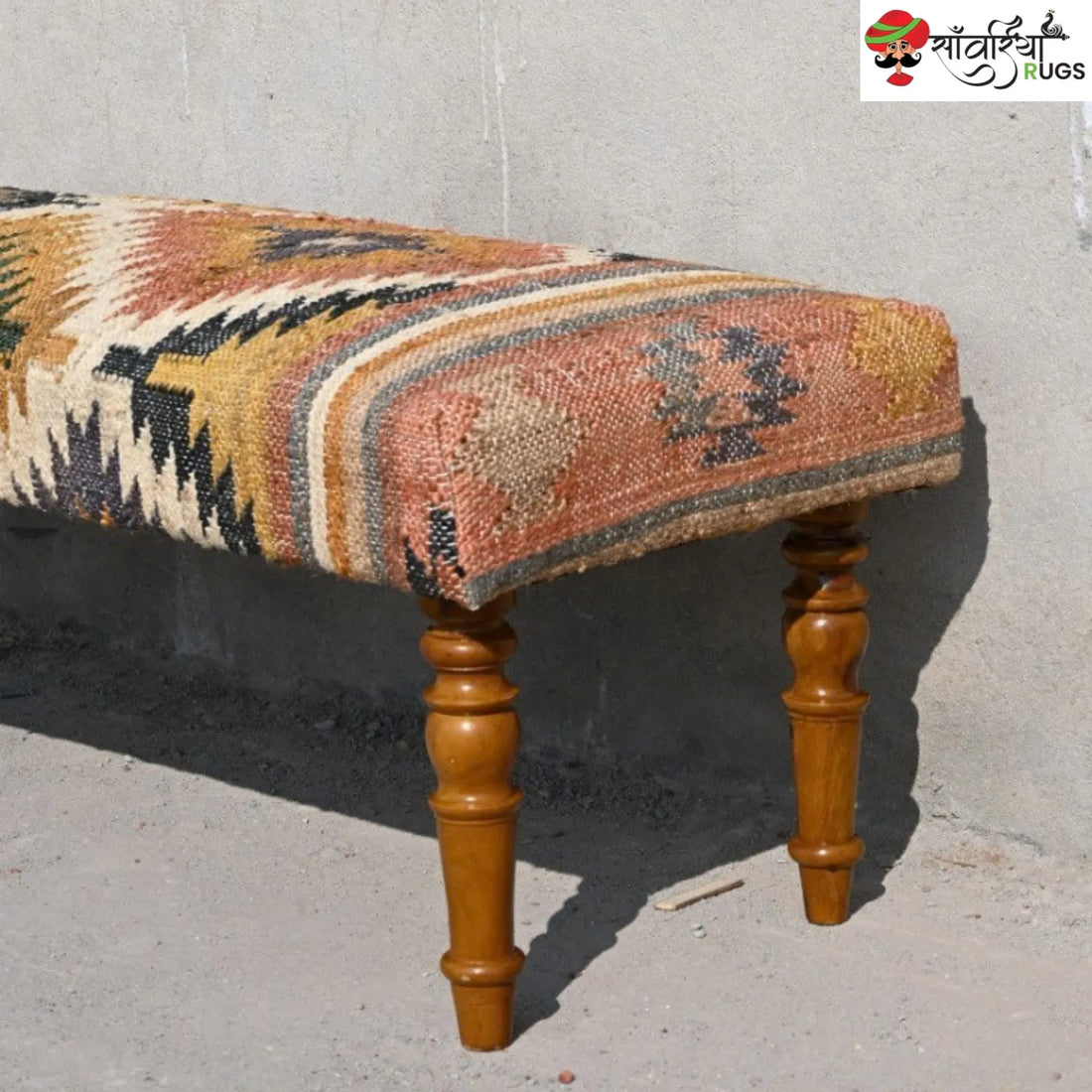 Handmade kilim bench with wool and jute upholstery