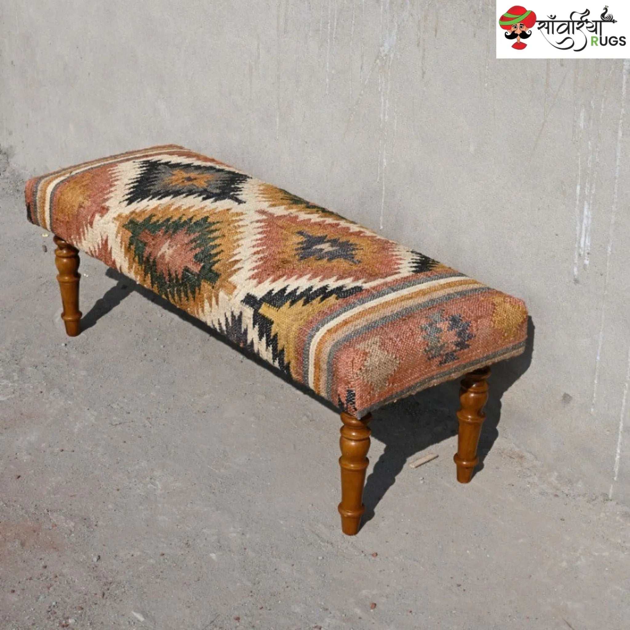 Handmade kilim bench with wool and jute upholstery
