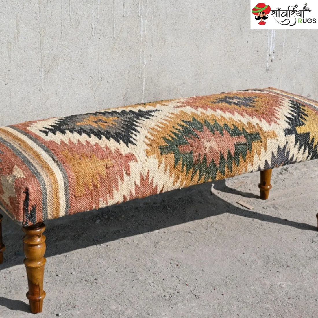Handmade kilim bench with wool and jute upholstery