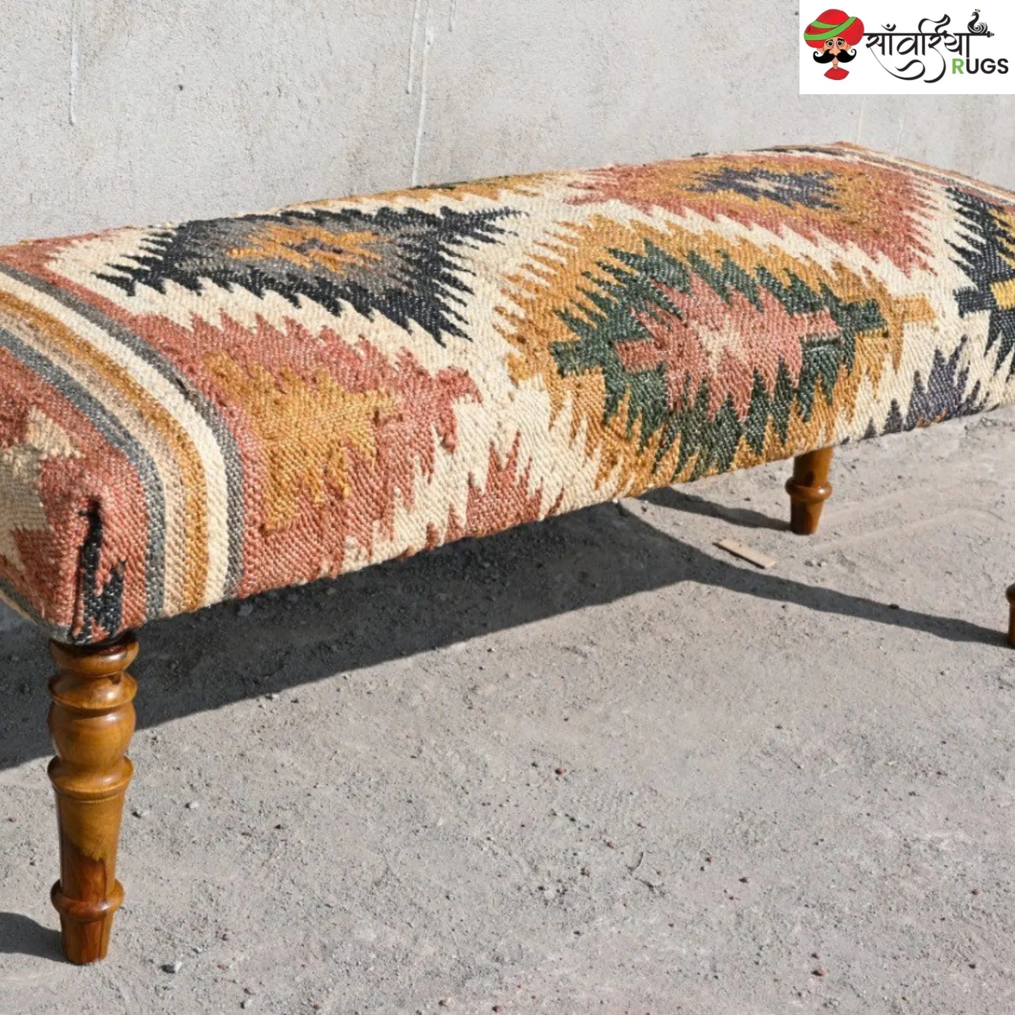 Handmade kilim bench with wool and jute upholstery
