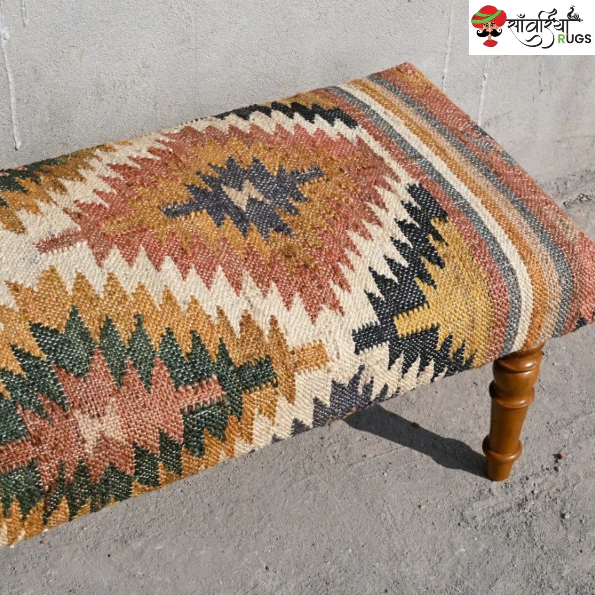 Handmade kilim bench with wool and jute upholstery