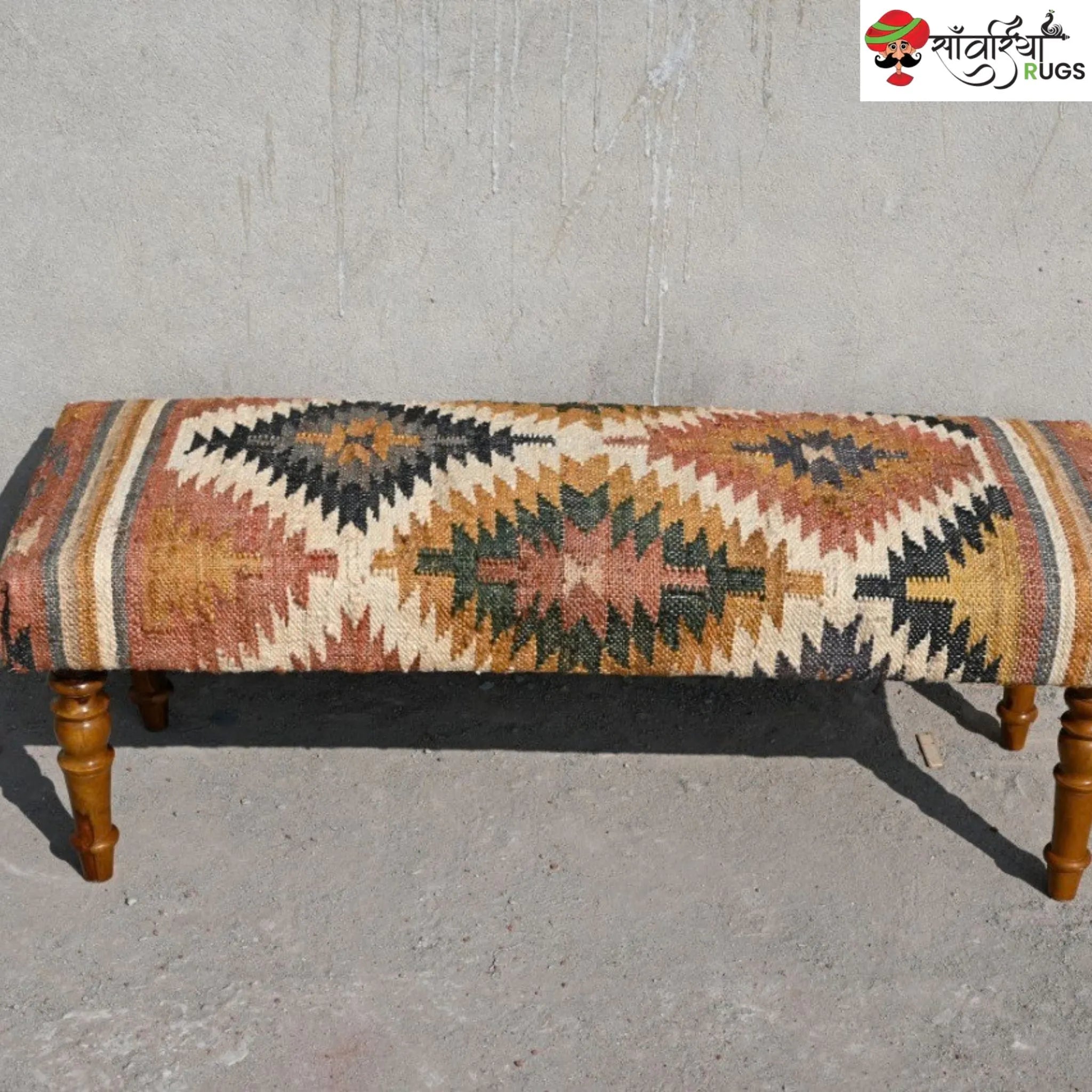 Handmade kilim bench with wool and jute upholstery