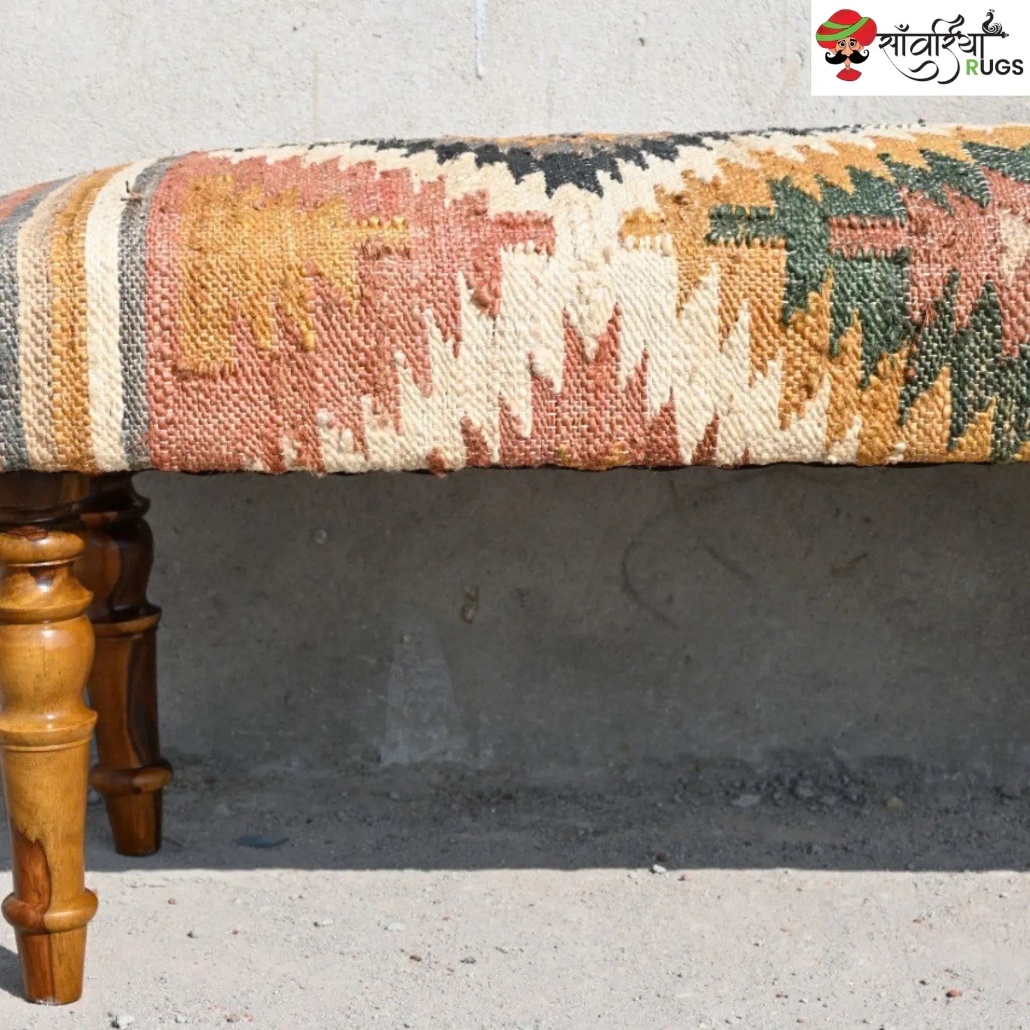 Handmade kilim bench with wool and jute upholstery